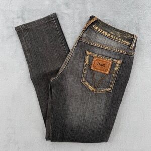 D&G Women’s Charcoal Slim Straight Jeans with Distressed Tan Trim